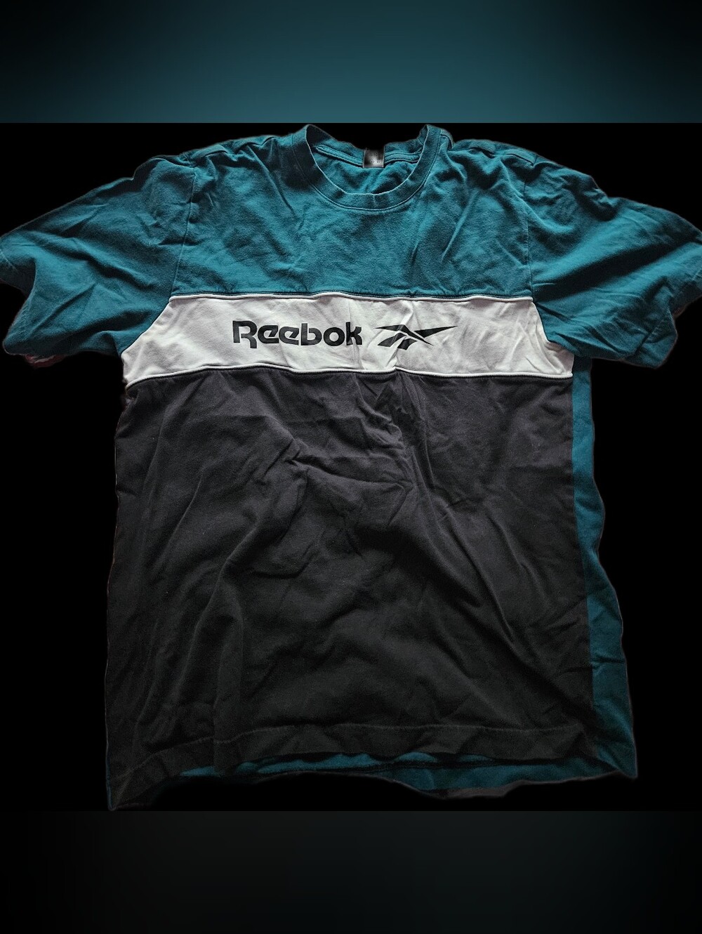 Reebok Men’s Teal, Black and White Colorblock Crew T-Shirt